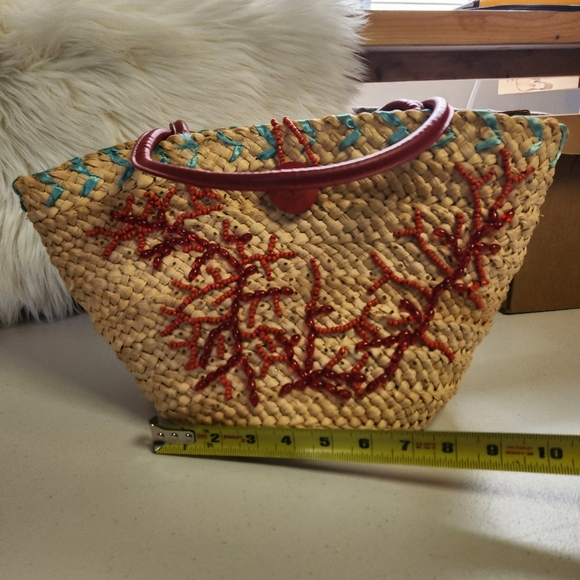 Vintage Woven Straw Raffia Purse Tote Bag Beaded Ocean Red Coral Beach 1970s - Picture 11 of 11